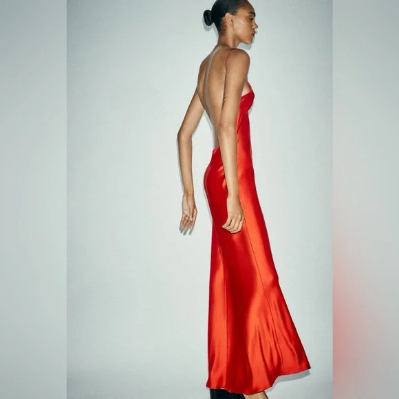 Zara NWT Romantic Blood Red Satin Effect V Neck Open Back Maxi Dress (Size XS) - Picture 4 of 10